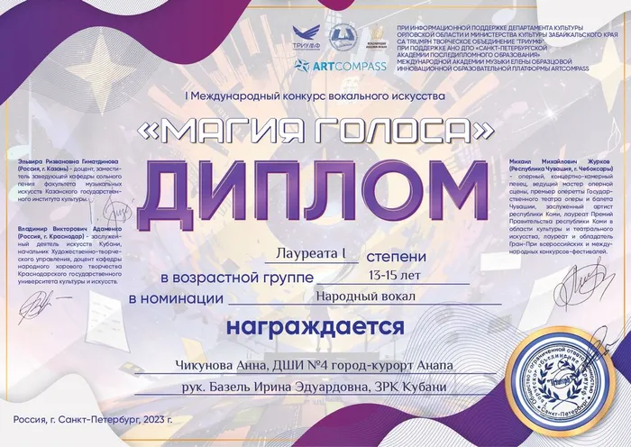Диплом - Чикунова Анна, ДШИ №4 город-курорт Анапа, рук. Базель Ирина Эдуардовна, ЗРК Кубани_page-0001